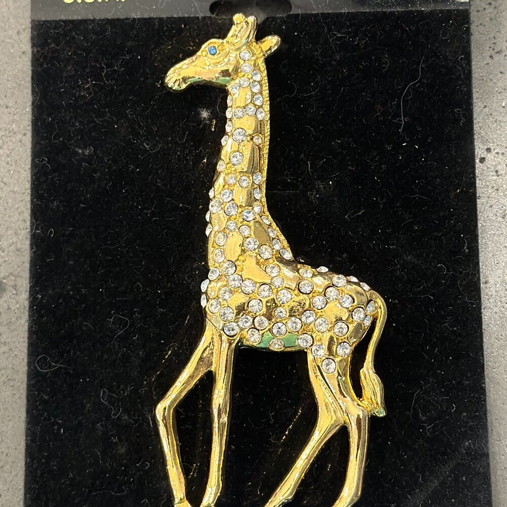 1999 Vintage P.S. Co. Rhinestone Giraffe Brooch Pin Gold Tone Blue Eye 3.5”